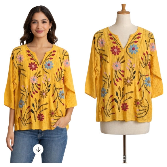 Avani Delamour Yellow Embroidered Boho Top Small NWT Floral V-Neck 3/4 Sleeve - Picture 3 of 13